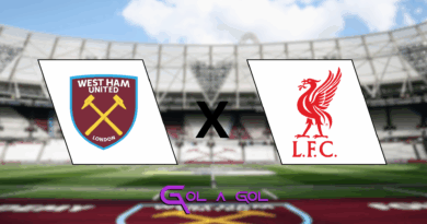 Imagem com fundo desfocado do estádio do West Ham, mostrando o gramado e as arquibancadas. Ao centro, há um grande “X” preto separando dois escudos: à esquerda, o escudo do West Ham United em bordô com duas marretas cruzadas em amarelo; à direita, o escudo do Liverpool em vermelho com o Liver Bird. Na parte inferior, o logo roxo do portal “Gol a Gol”.