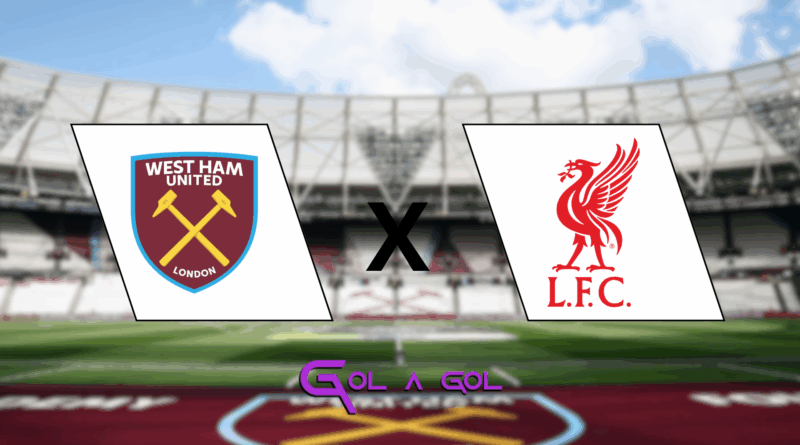 Imagem com fundo desfocado do estádio do West Ham, mostrando o gramado e as arquibancadas. Ao centro, há um grande “X” preto separando dois escudos: à esquerda, o escudo do West Ham United em bordô com duas marretas cruzadas em amarelo; à direita, o escudo do Liverpool em vermelho com o Liver Bird. Na parte inferior, o logo roxo do portal “Gol a Gol”.