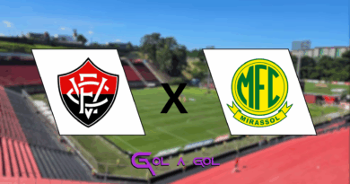 Na imagem, os escudos de Vitória e Mirassol. De fundo, o estadio Barradão (com efeito borrado). Centralizado na parte inferior, a logo do site Gol a Gol.