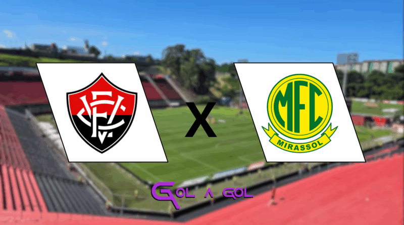 Na imagem, os escudos de Vitória e Mirassol. De fundo, o estadio Barradão (com efeito borrado). Centralizado na parte inferior, a logo do site Gol a Gol.