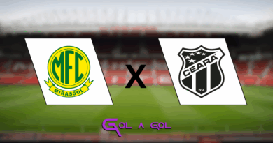 Na imagem, os escudos de Mirassol x Ceará, e o estadio de fundo. A logo "gol a gol" no centro inferior da imagem.