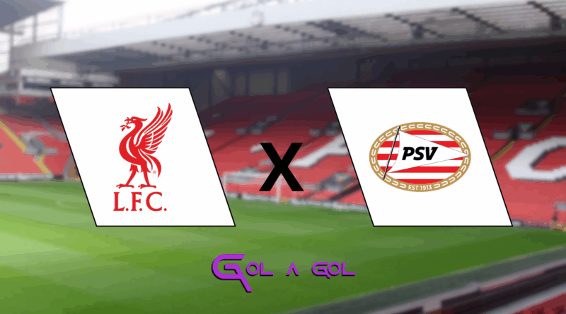 Arte de pré-jogo com os escudos de Liverpool e PSV lado a lado, separados por um ‘X’, sobre o fundo desfocado de Anfield. Na parte inferior, o logo do Gol a Gol aparece em roxo.